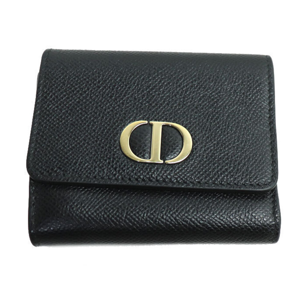 Christian Dior Montaigne Lotus Compact Trifold Wallet Leather Black